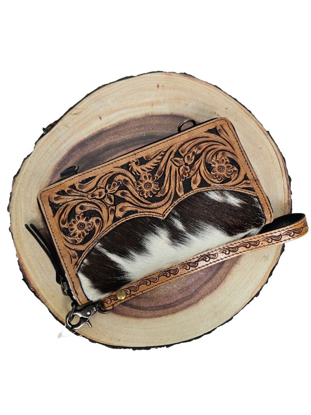 NWT Tooled Leather Fluffy Cowhide Neutral Crossbody/Wristlet/Full Zip Wallet
